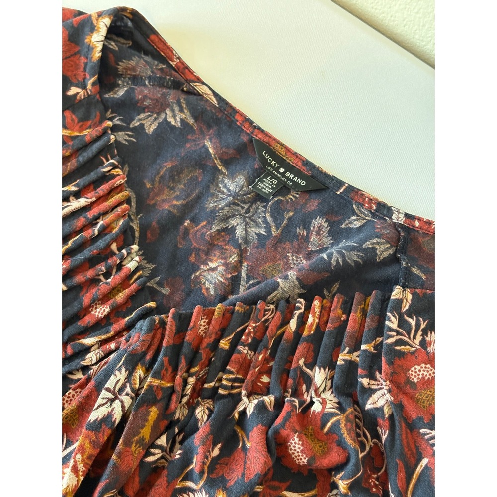 Lucky Brand Women Red Navy Floral Pleated V-Neck 3/4 Sleeve Cotton Modal Top L - Picture 11 of 11